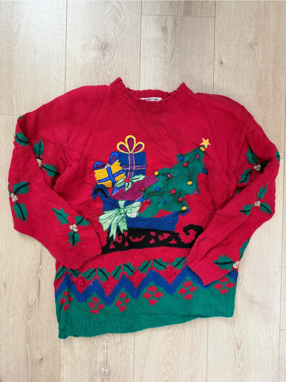Vintage Talbots Izod Hand Knit Ugly Christmas Sweater Red Green Sleigh Presents